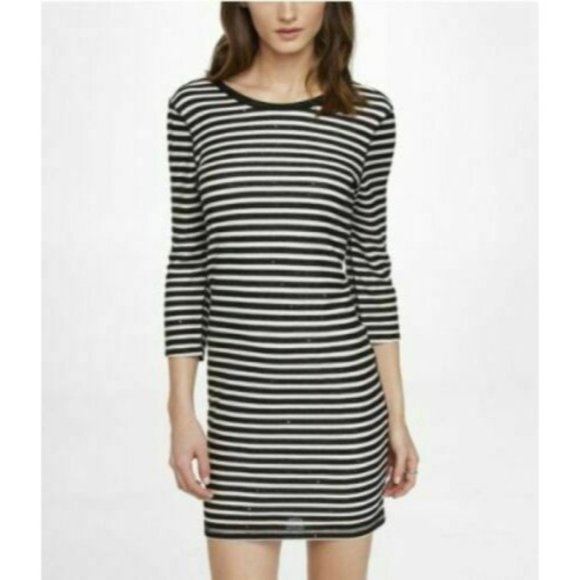 Express M Gray Black Striped Sequined Shift Sweater Dress sequins scoop back - Picture 2 of 6